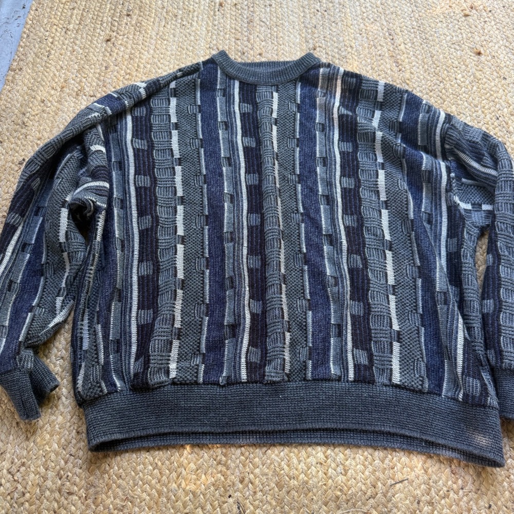 Van Heusen Mens 4XL 3D Knit Sweater Blue Grey Textured Vertical Stripe Crewneck